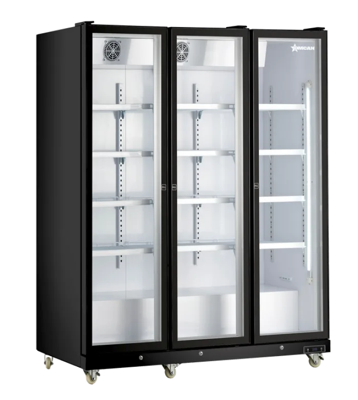 72″ Three (3) Glass Door Display Refrigerator with LED Light, 53 cu. ft. (1500 L), Black
