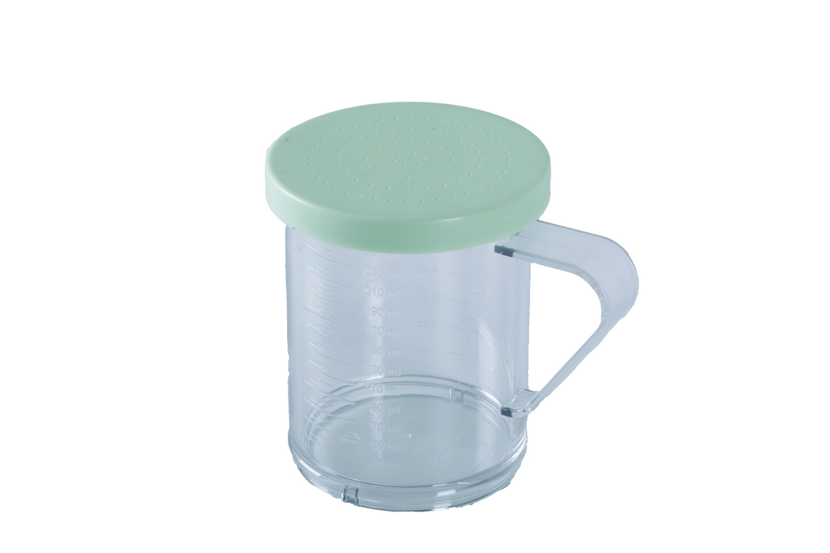 10 oz Polycarbonate Dredge with Green Lid & 0.6 mm Hole for Finely Ground Products NSF