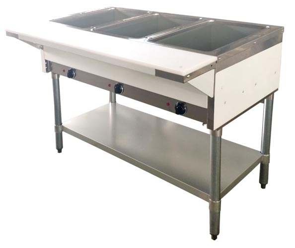 3 Pan Open Well Natural Gas Steam Table with Cutting Board and Undershelf