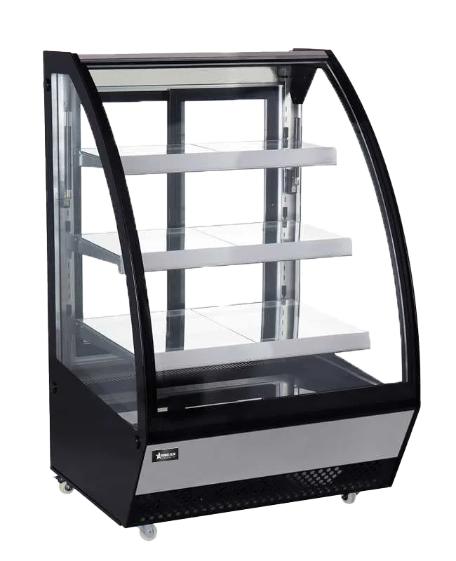 36″ Three (3) Shelf Refrigerated Floor Showcase with Curved Glass, 16 cu. ft. (467 L), Black