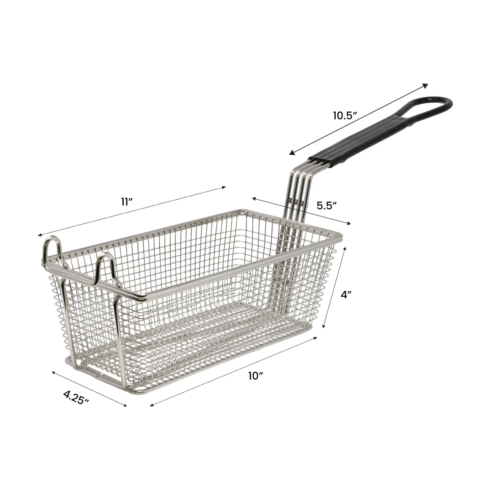 11″ x 5 1/2″ x 4″ Nickel-Plated Iron Fryer Basket with Black Handle