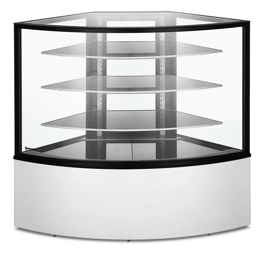 59″ Three (3) Shelf Refrigerated Corner Floor Glass Display Case, 16.8 cu. ft. (475 L), Stainless steel