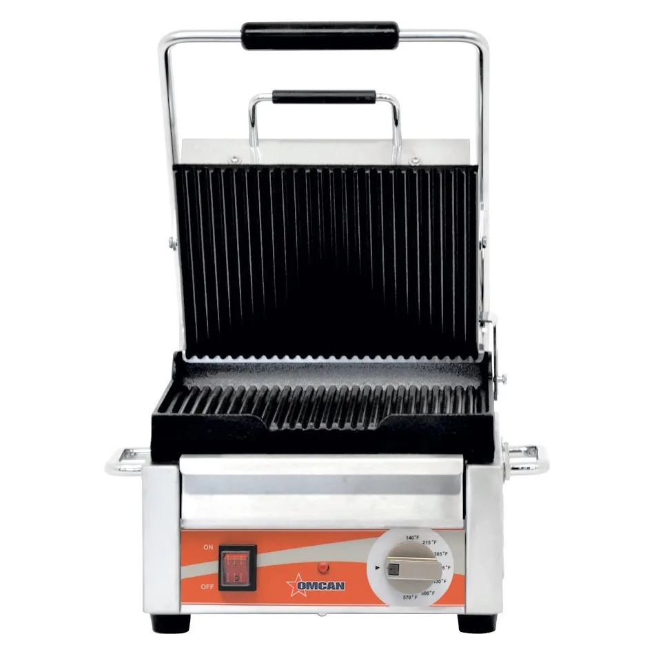 Single Panini Grill with Grooved Plates – 10″ x 11″ Cooking Surface – 120 V, 1500 W