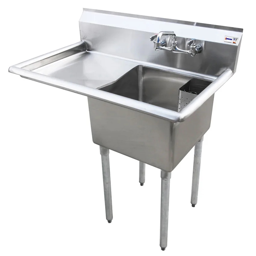 38 1/2″ x 26 1/2″ x 44″ Overall (18″ x 21″ x 14″ Tub) 18-gauge stainless steel One Tub Sink with 1.8″ Corner Drain and Left Drainboard