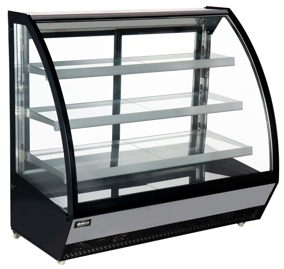 48″ Three (3) Shelf Refrigerated Floor Showcase with Curved Glass, 22 cu. ft. (633 L), Black