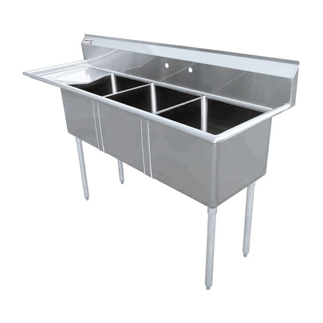 18″ x 21″ x 14″ Three Tub Sink with 1.8″ Corner Drain and Left Drain Board