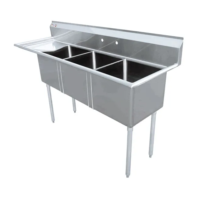 74 1/2″ x 26 1/2″ x 44″ Overall (18″ x 21″ x 14″ Tub) 18-gauge stainless steel Three Tub Sink with 1.8″ Corner Drain and Left Drainboard