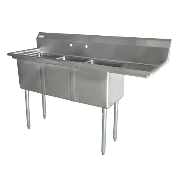 74 1/2″ x 23 1/2″ x 44″ Overall (18″ x 18″ x 11″ Tub) 18-gauge stainless steel Three Tub Sink with 1.8″ Corner Drain and Right Drainboard
