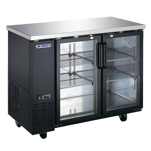 Aurora 49″ Black Back Bar Cooler, 2 Glass Doors, 11.2 cu.ft. (318 L) Capacity with Stainless Steel Countertop – 110V, 273W