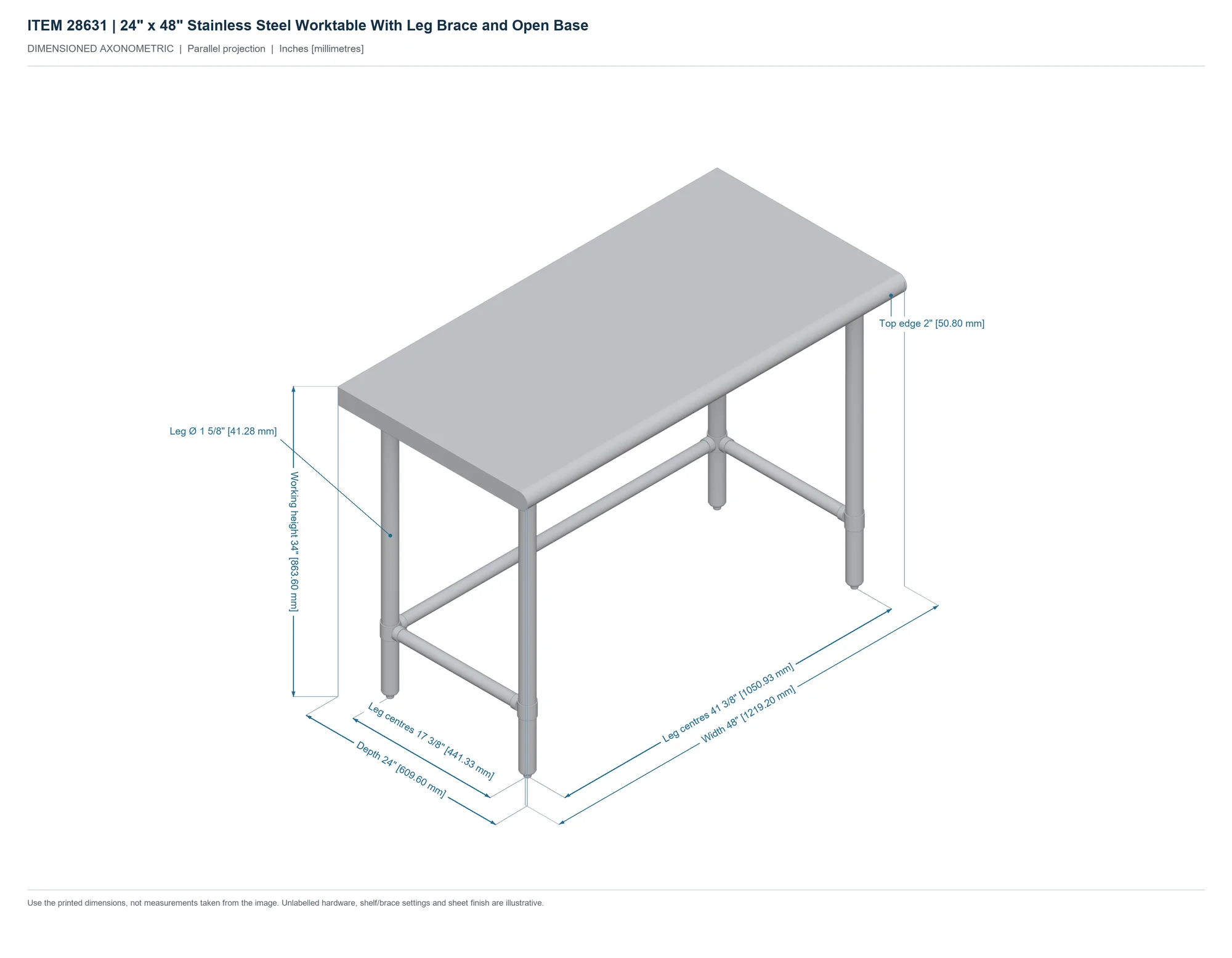 24″ x 48″ Stainless Steel Worktable With Leg Brace and Open Base