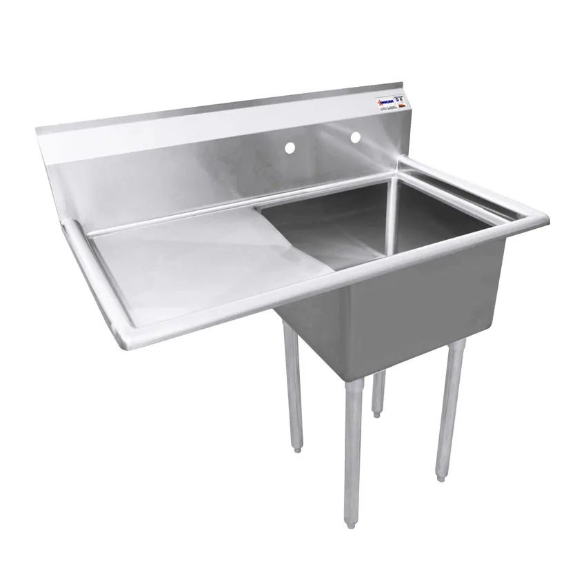 38 1/2″ x 23 1/2″ x 44″ Overall (18″ x 18″ x 11″ Tub) 18-Gauge Stainless Steel One Tub Sink with 1.8″ Corner Drain and Left Drainboard