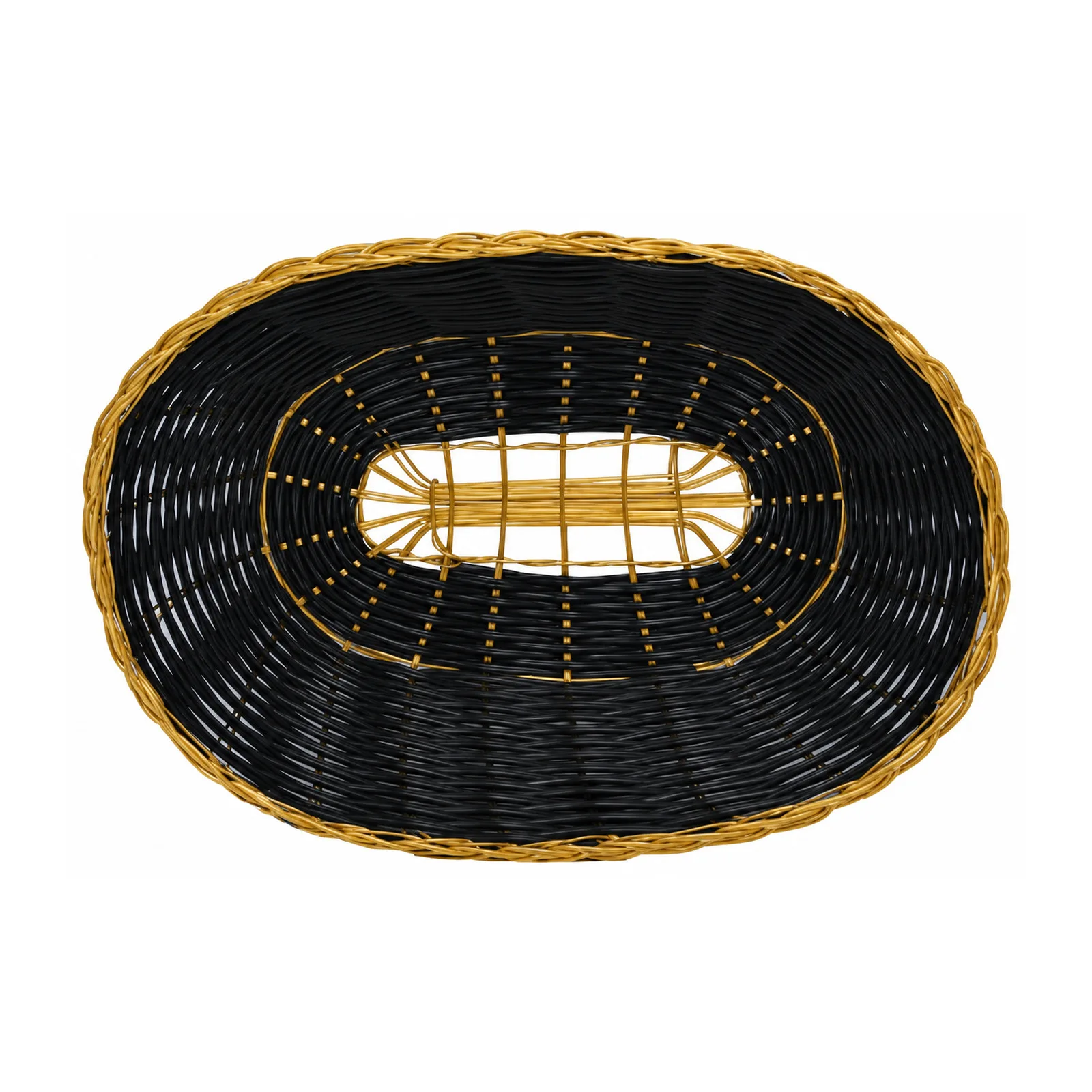 Long Oval Black Woven Basket with Golden Trim 9″ x 6.25″ x 2.25″