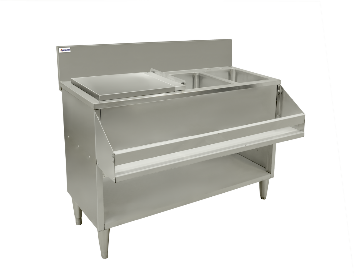 48″ Cocktail Mix Unit with 7″ Back Splash, 20″ x 12″ x 10″ Ice Bin with Sliding Cover, and Two 10″ x 12″ x 10″ Sinks.