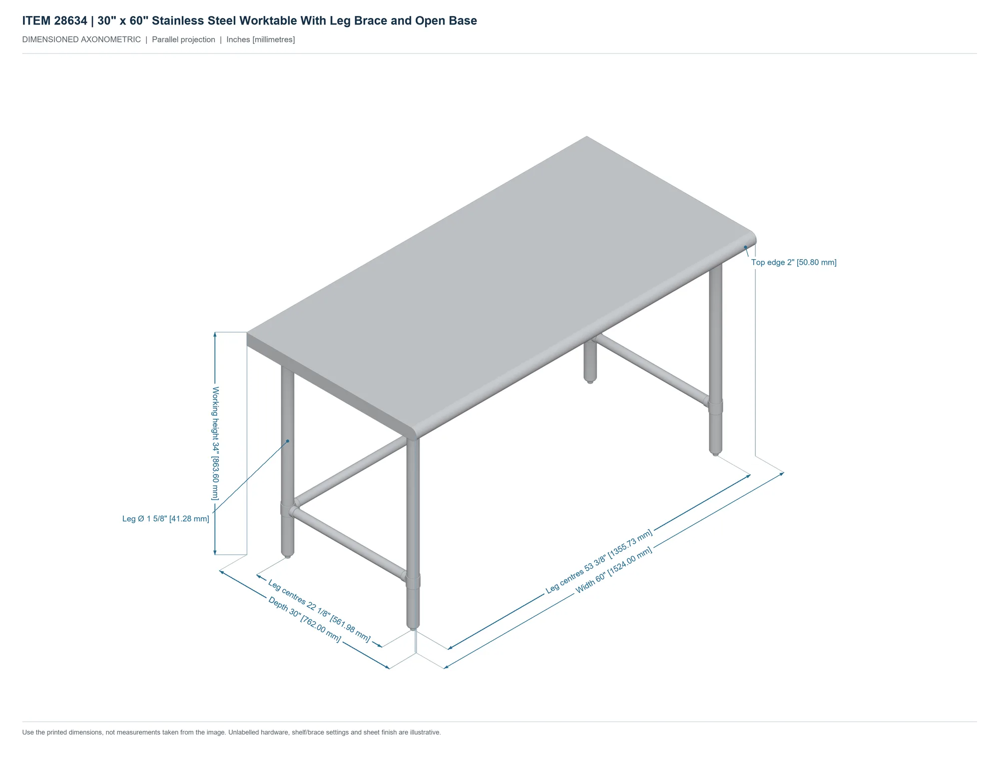30″ x 60″ Stainless Steel Worktable With Leg Brace and Open Base