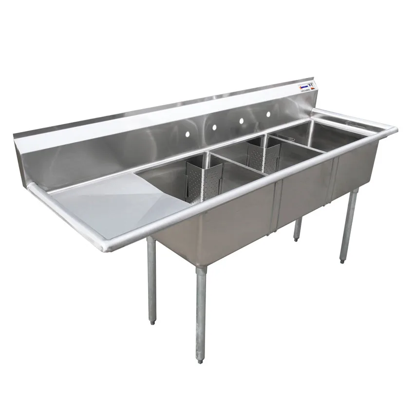 98 1/2″ x 29 1/2″ x 44″ Overall (24″ x 24″ x 14″ Tub) 18-gauge stainless steel Three Tub Sink with 1.8″ Corner Drain and Left Drainboard
