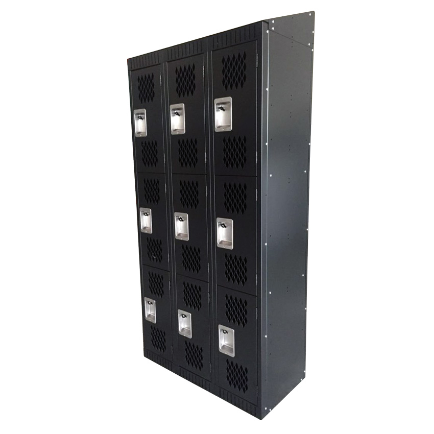 3 Tier, 3 Bank Steel Locker with Mesh Doors – Black