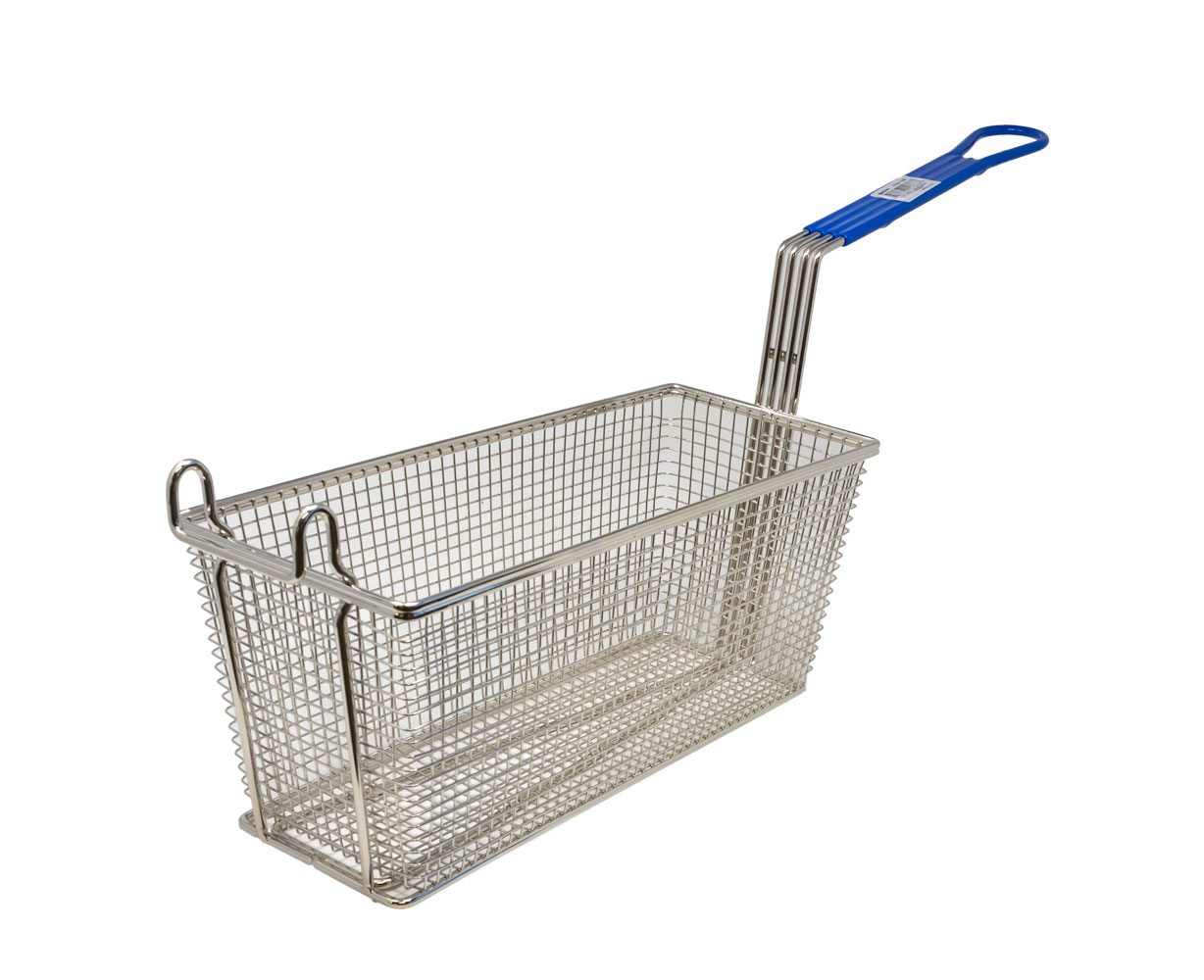 13 1/4″ x 5 7/8″ x 5 5/8″ Nickel-Plated Iron Fryer Basket with Blue Handle