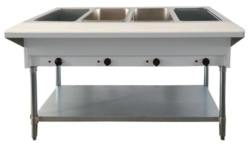 4 Pan Open Well Natural Gas Steam Table with Cutting Board and Undershelf