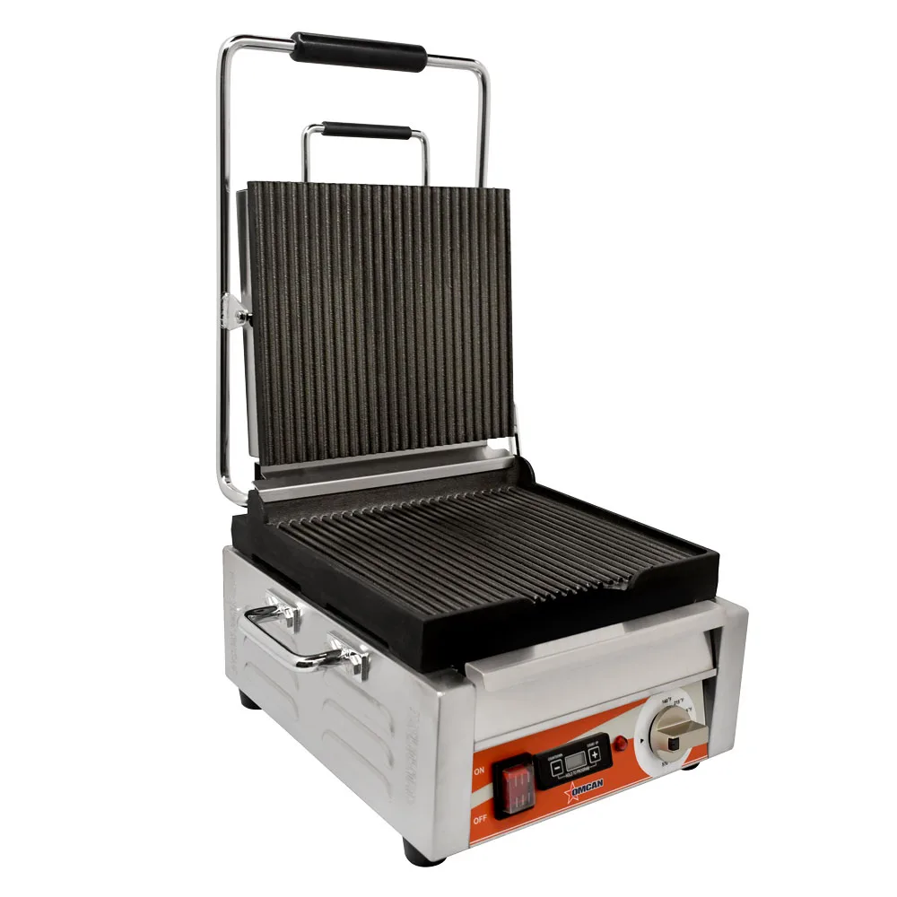 Single Panini Grill with Grooved Plates and Timer – 10″ x 11″ Cooking Surface – 120 V, 1800 W