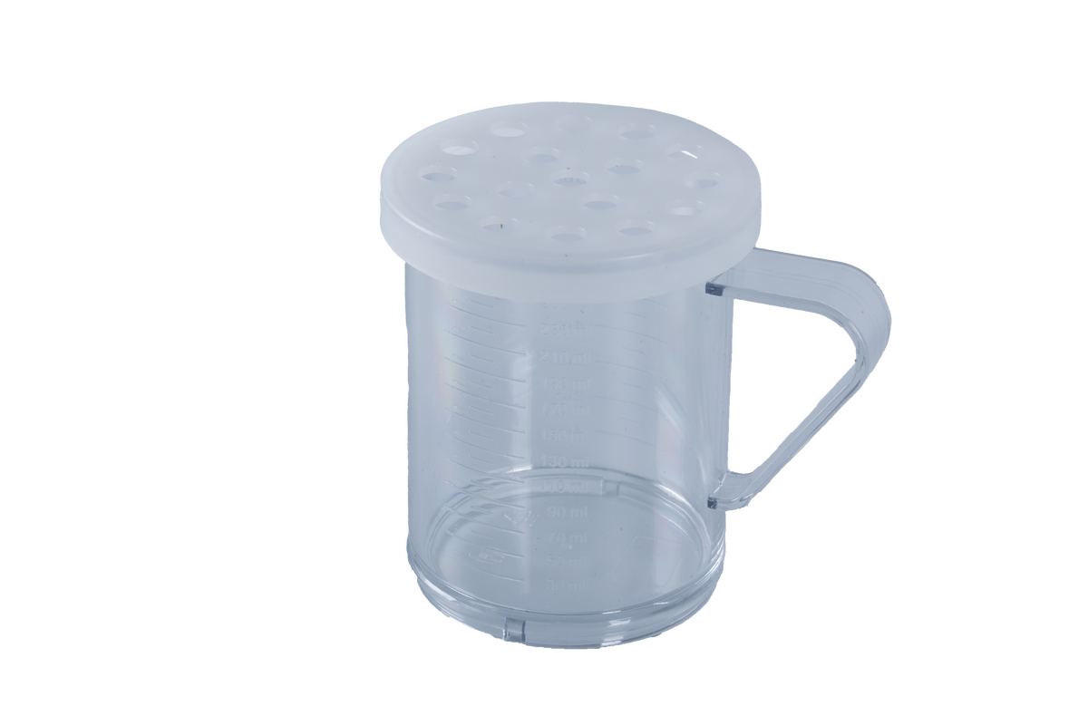 10 oz Polycarbonate Dredge with Clear Lid & 8 mm Hole for Coarsely Ground Products NSF