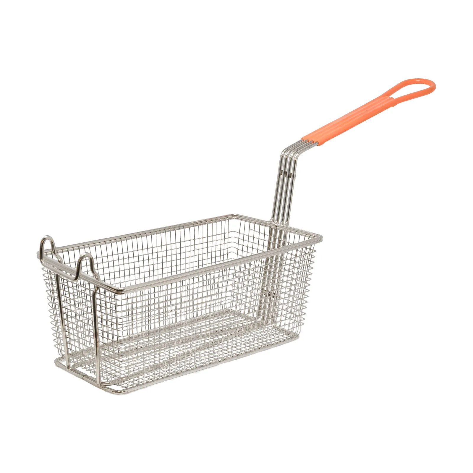 12 1/4″ x 6 1/2″ x 5″ Nickel-Plated Iron Fryer Basket with Orange Handle