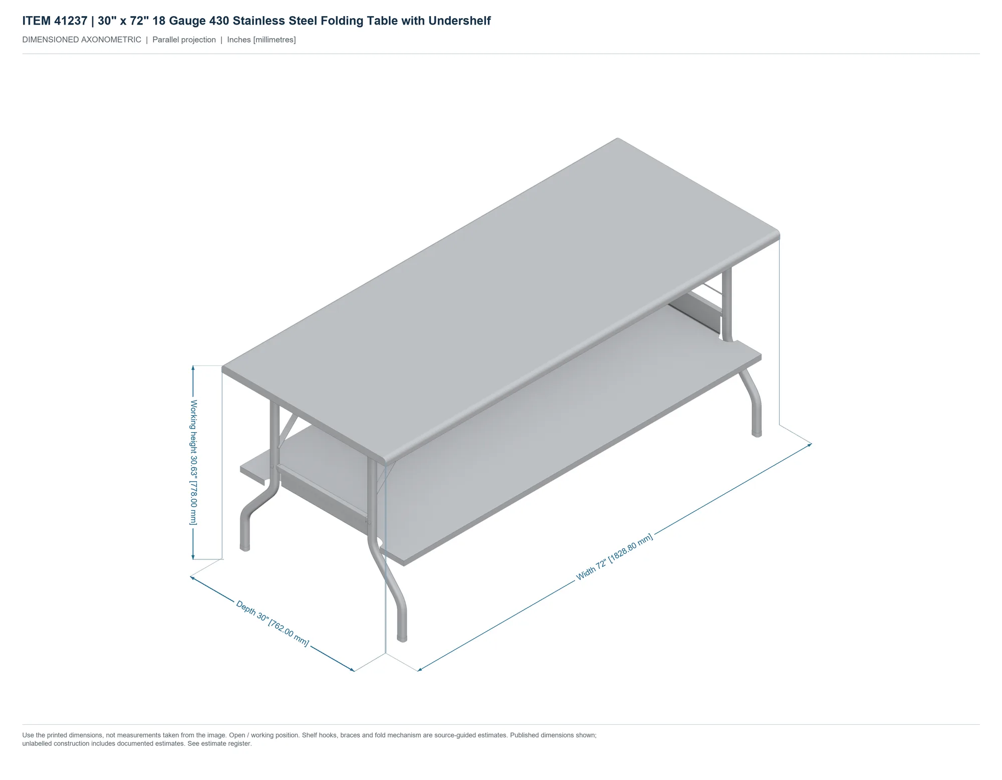 30″ x 72″ 18 Gauge 430 Stainless Steel Folding Table with Undershelf