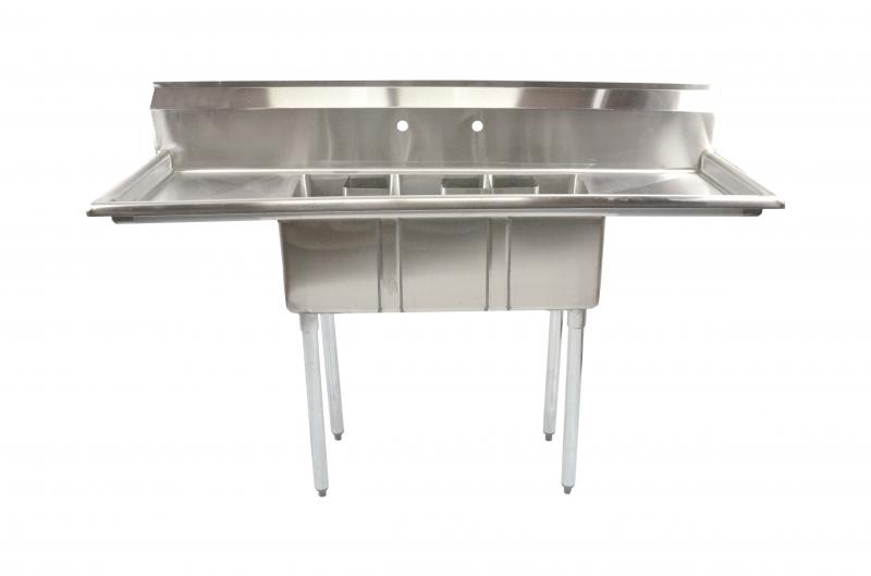 10″ x 14″ x 10″ Stainless Steel Three Tub Space Saver Sink with 16″ Left/Right Drain Boards with Corner Drain