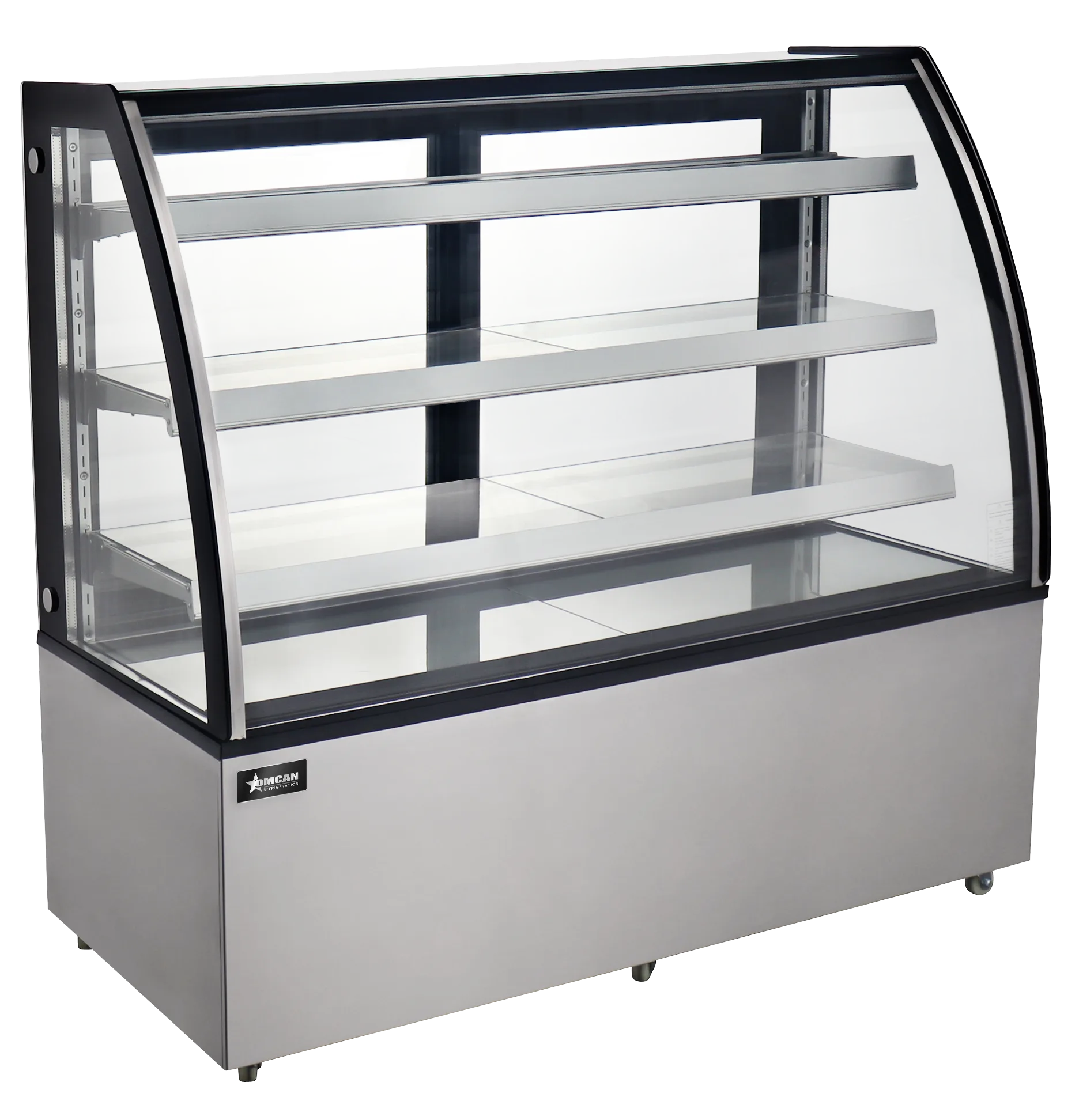 72″ Three (3) Shelf Curved Glass Floor Refrigerated Showcase, 22.95 cu. ft. (650 L), Stainless steel
