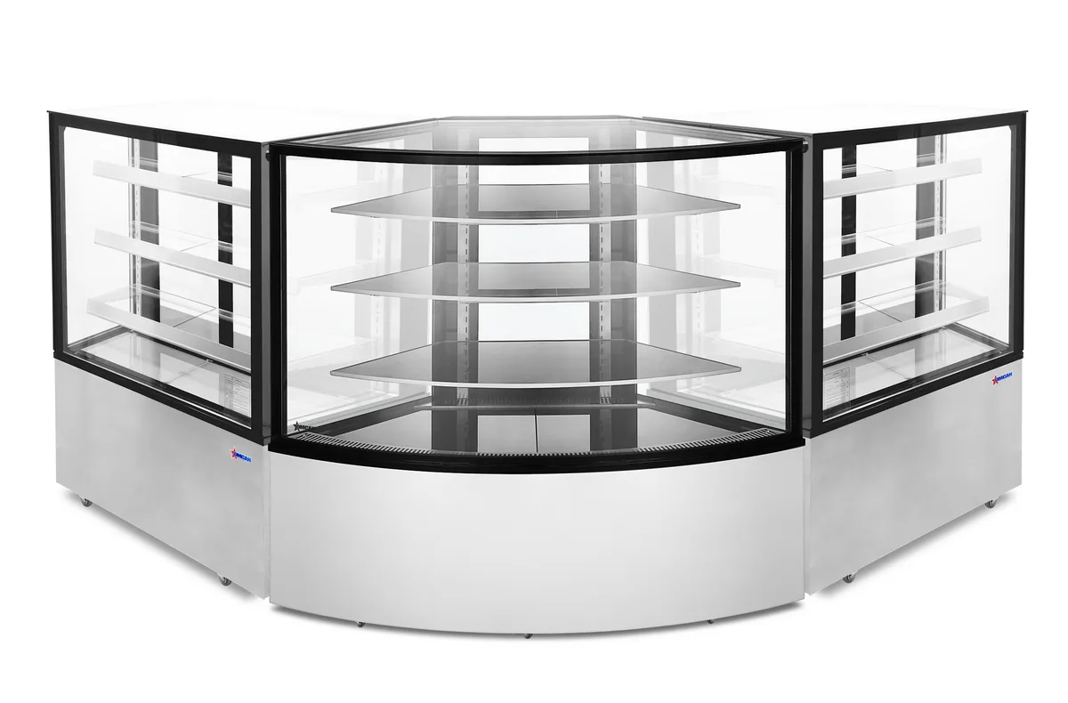 59″ Three (3) Shelf Refrigerated Corner Floor Glass Display Case, 16.8 cu. ft. (475 L), Stainless steel