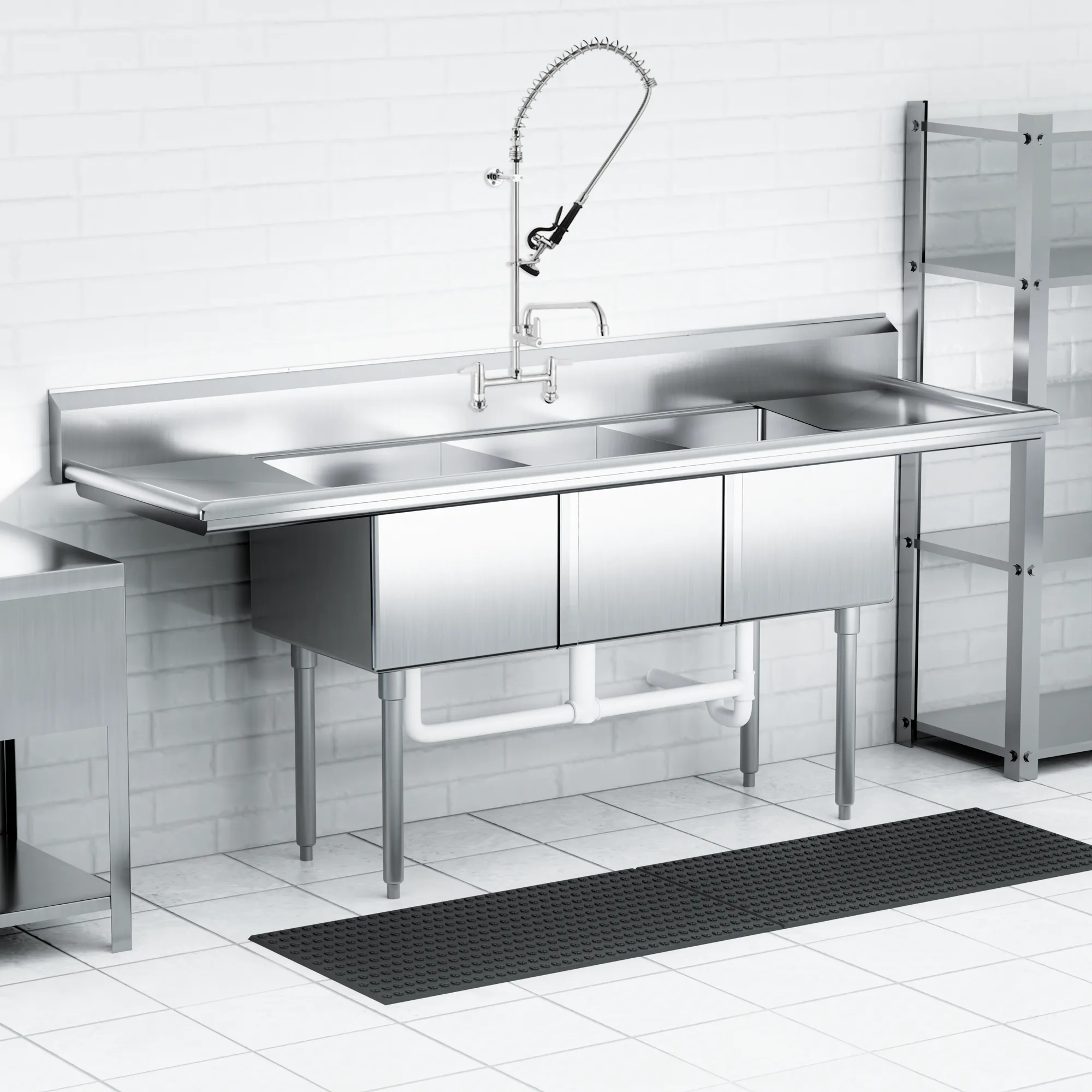 90″ x 26 1/2″ x 44″ Overall (18″ x 21″ x 14″ Tub) 18-gauge stainless steel Three Tub Sink with 1.8″ Corner Drain and Two Drainboards
