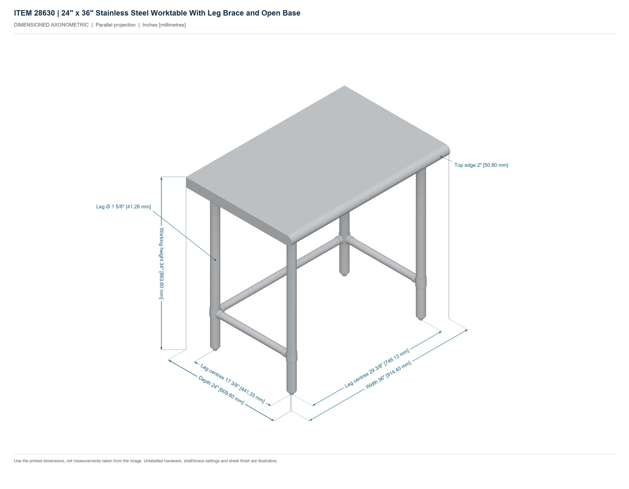 24″ x 36″ Stainless Steel Worktable With Leg Brace and Open Base