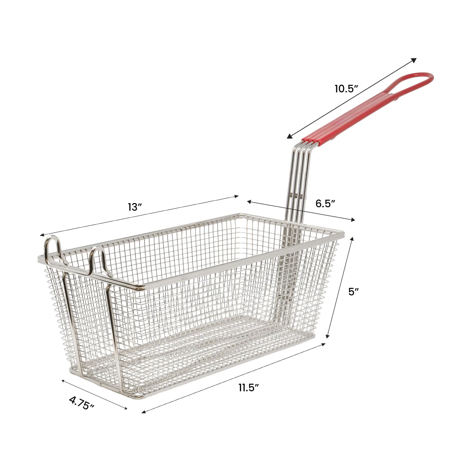13″ x 6 1/2″ x 5″ Nickel-Plated Iron Fryer Basket with Red Handle