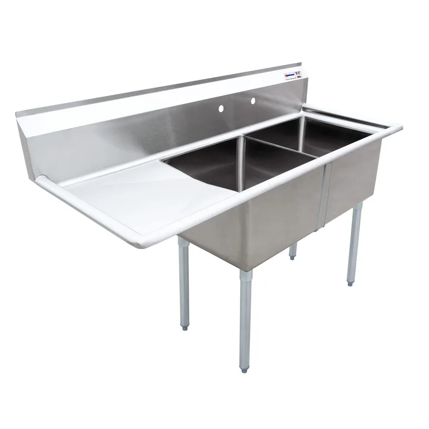 56 1/2″ x 26 1/2″ x 44″ Overall (18″ x 21″ x 14″ Tub) 18-gauge stainless steel Two Tub Sink with 3.5″ Center Drain and Left Drainboard
