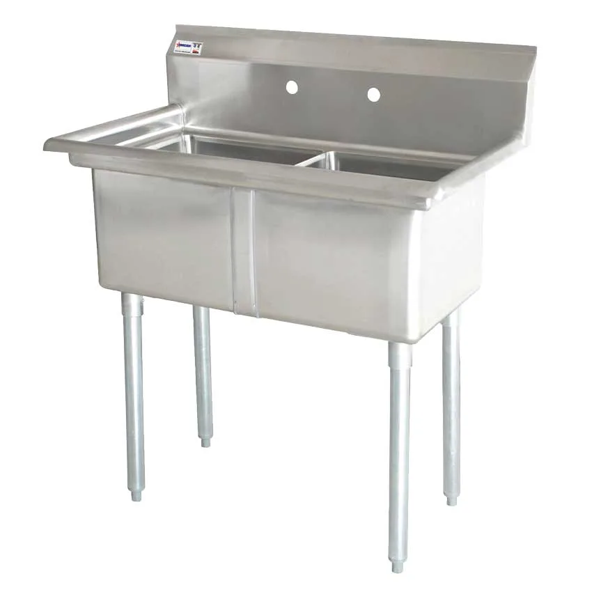41″ x 26 1/2″ x 44″ Overall (18″ x 21″ x 14″ Tub) 18-gauge stainless steel Two Tub Sink with 3.5″ Center Drain Without Drainboard