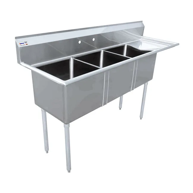 74 1/2″ x 23 1/2″ x 44″ Overall (18″ x 18″ x 11″ Tub) 18-gauge stainless steel Three Tub Sink with 3.5″ Center Drain and Right Drainboard
