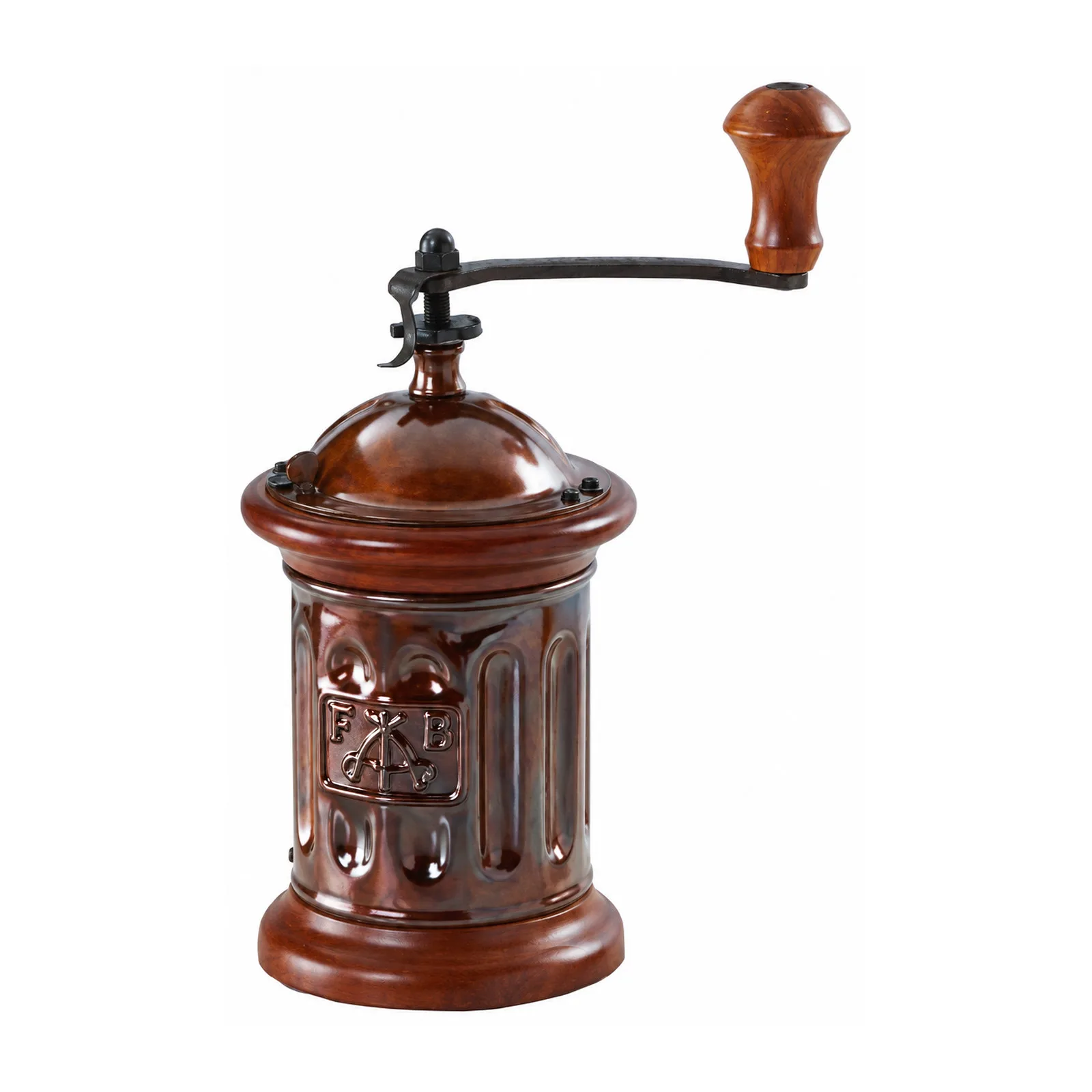 Dark Round Beech Wood and Steel Sheet Manual Traditional Coffee Grinder