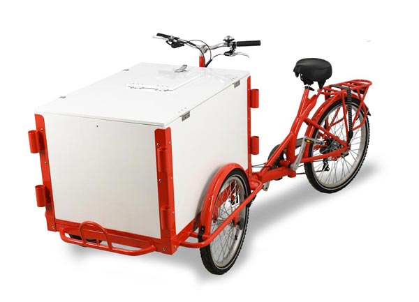 Front Load Ice-Cream Bike / Cargo Bike with Non-Insulated White Wooden Box and Vending Lid – Red