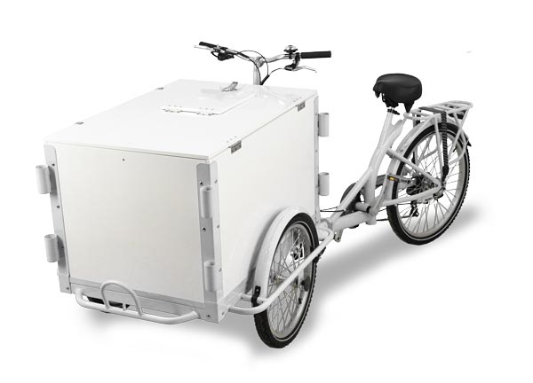 Front Load Ice-Cream Bike / Cargo Bike with Non-Insulated White Wooden Box and Vending Lid – White