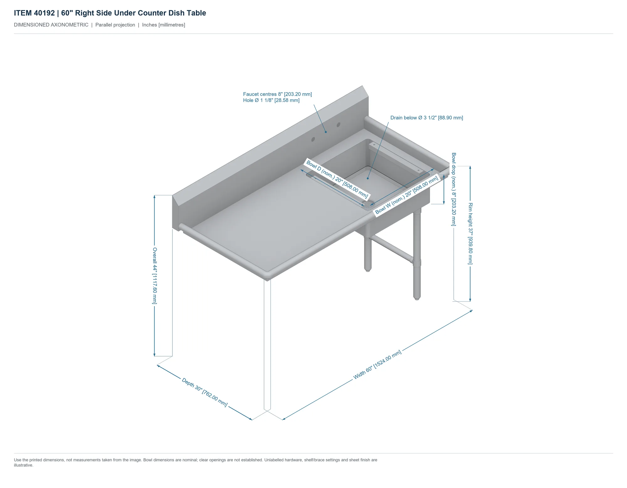 60″ Right Side Under Counter Dish Table