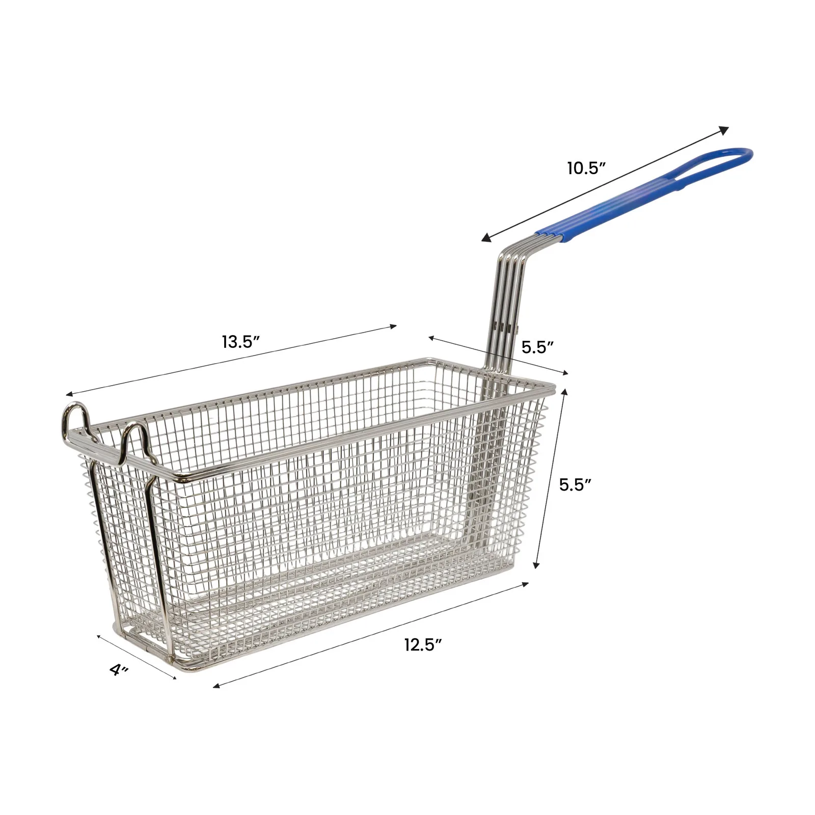 13 1/2″ x 5 1/2″ x 5 1/2″ Nickel-Plated Iron Fryer Basket with Blue Handle