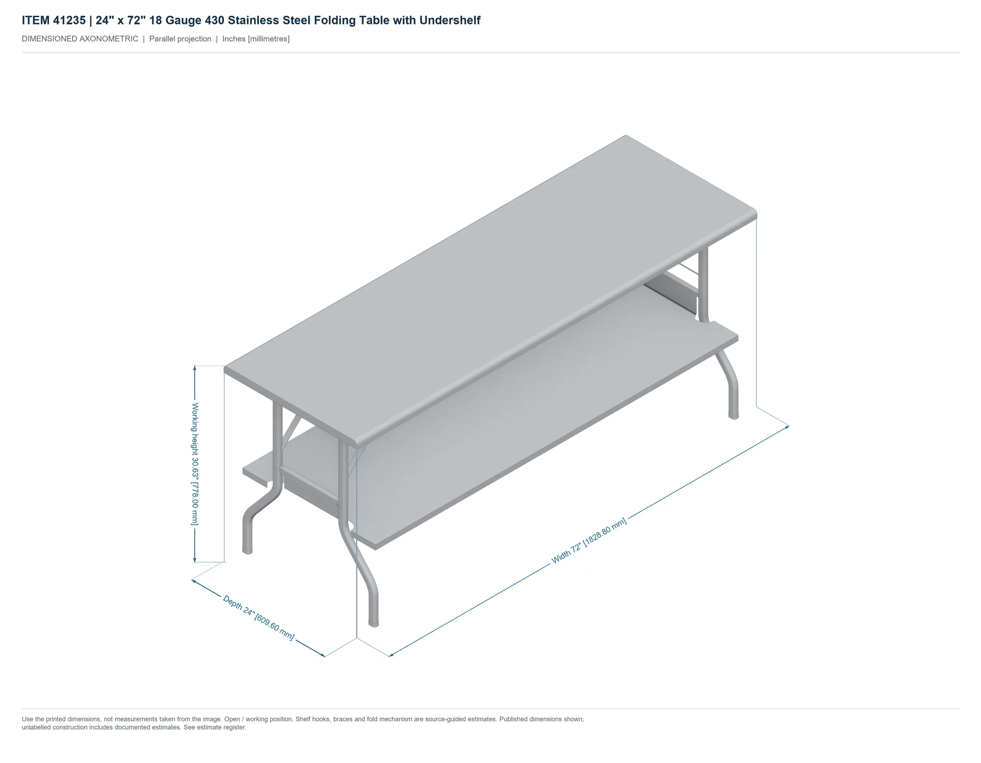 24″ x 72″ 18 Gauge 430 Stainless Steel Folding Table with Undershelf