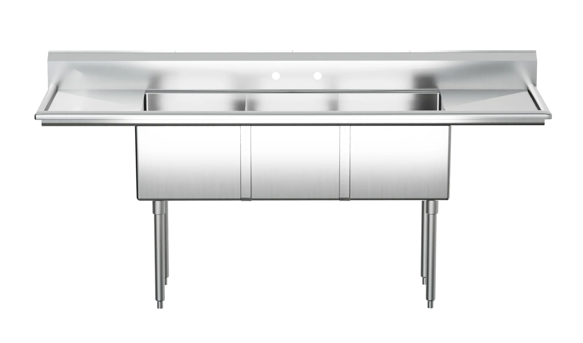 90″ x 26 1/2″ x 44″ Overall (18″ x 21″ x 14″ Tub) 18-gauge stainless steel Three Tub Sink with 1.8″ Corner Drain and Two Drainboards