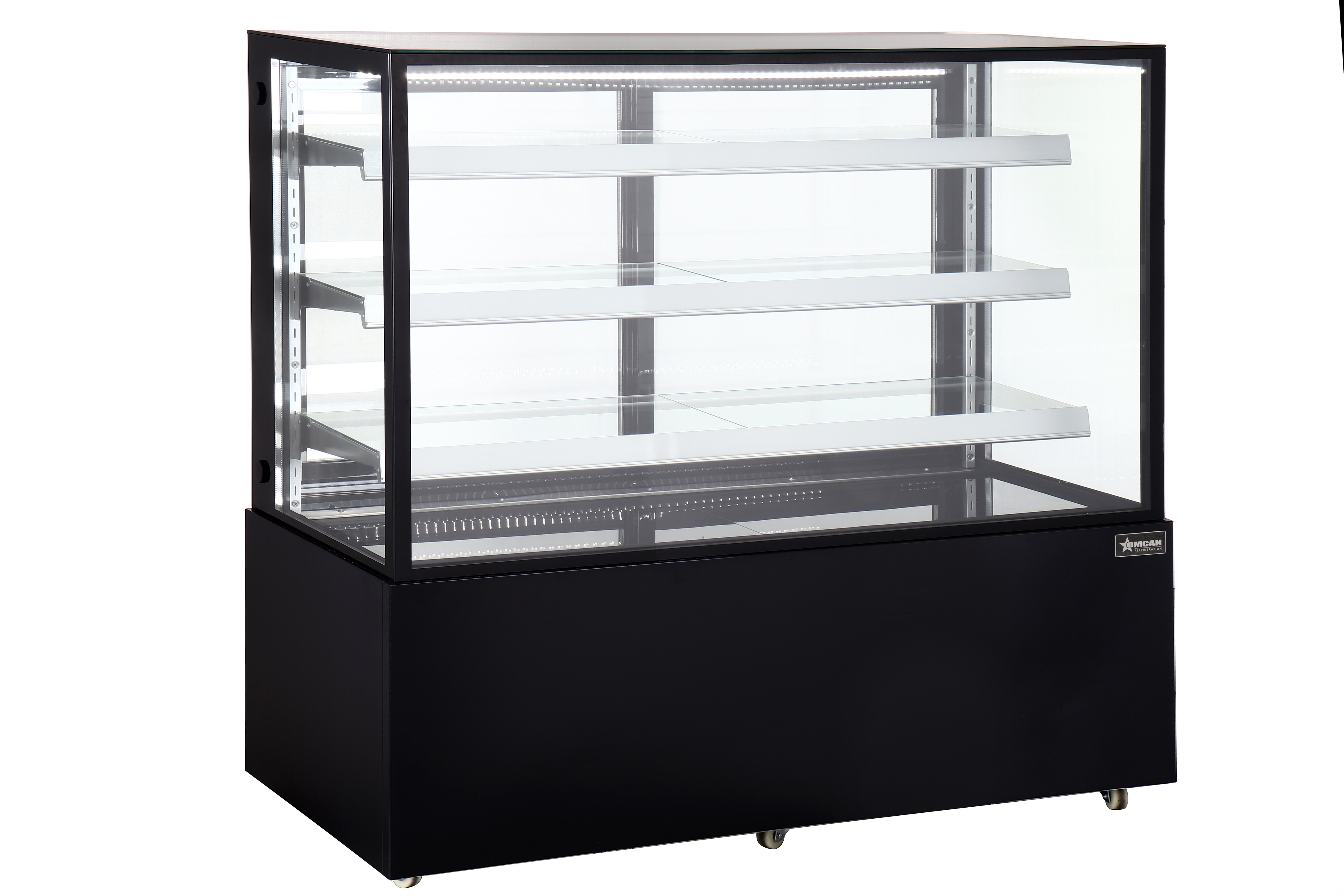 60″ Three (3) Shelf Square Glass Floor Refrigerated Display Case, 23 cu.ft. (670 L), Stainless steel, Black