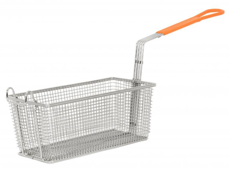 12 1/8″ x 6 5/16″ x 5 5/16″ Nickel-Plated Iron Fryer Basket with Orange Handle