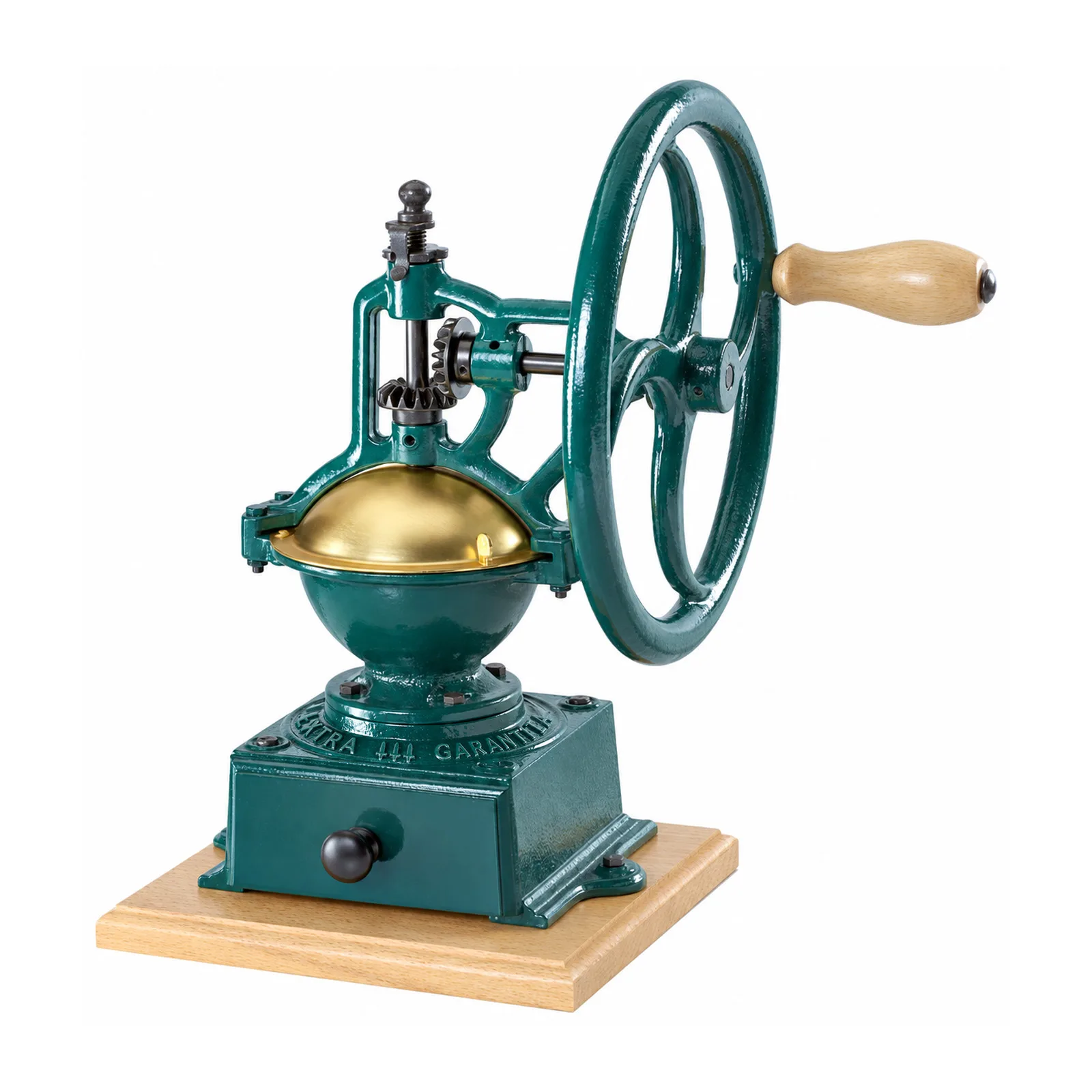 Teal Cast Iron and Beech Wood Manual Traditional Coffee Grinder