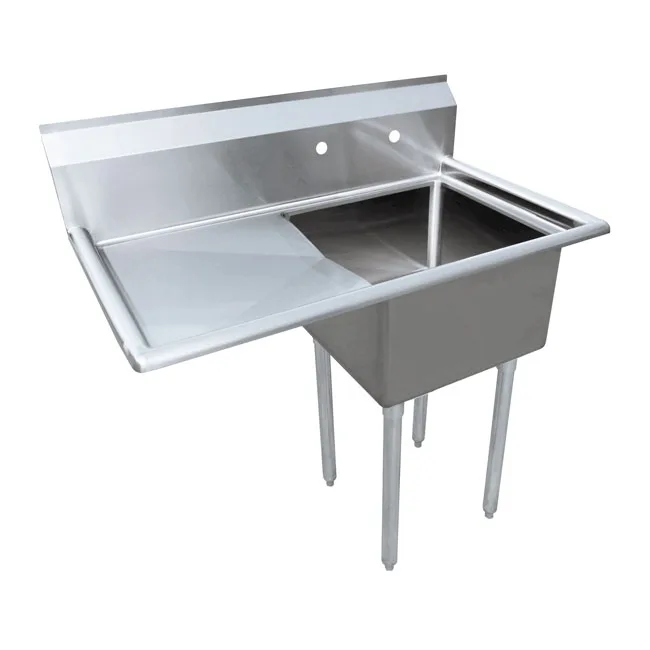 50 1/2″ x 29 1/2″ x 44″ Overall (24″ x 24″ x 14″ Tub) 18-gauge stainless steel One Tub Sink with 3.5″ Center Drain and Left Drainboard