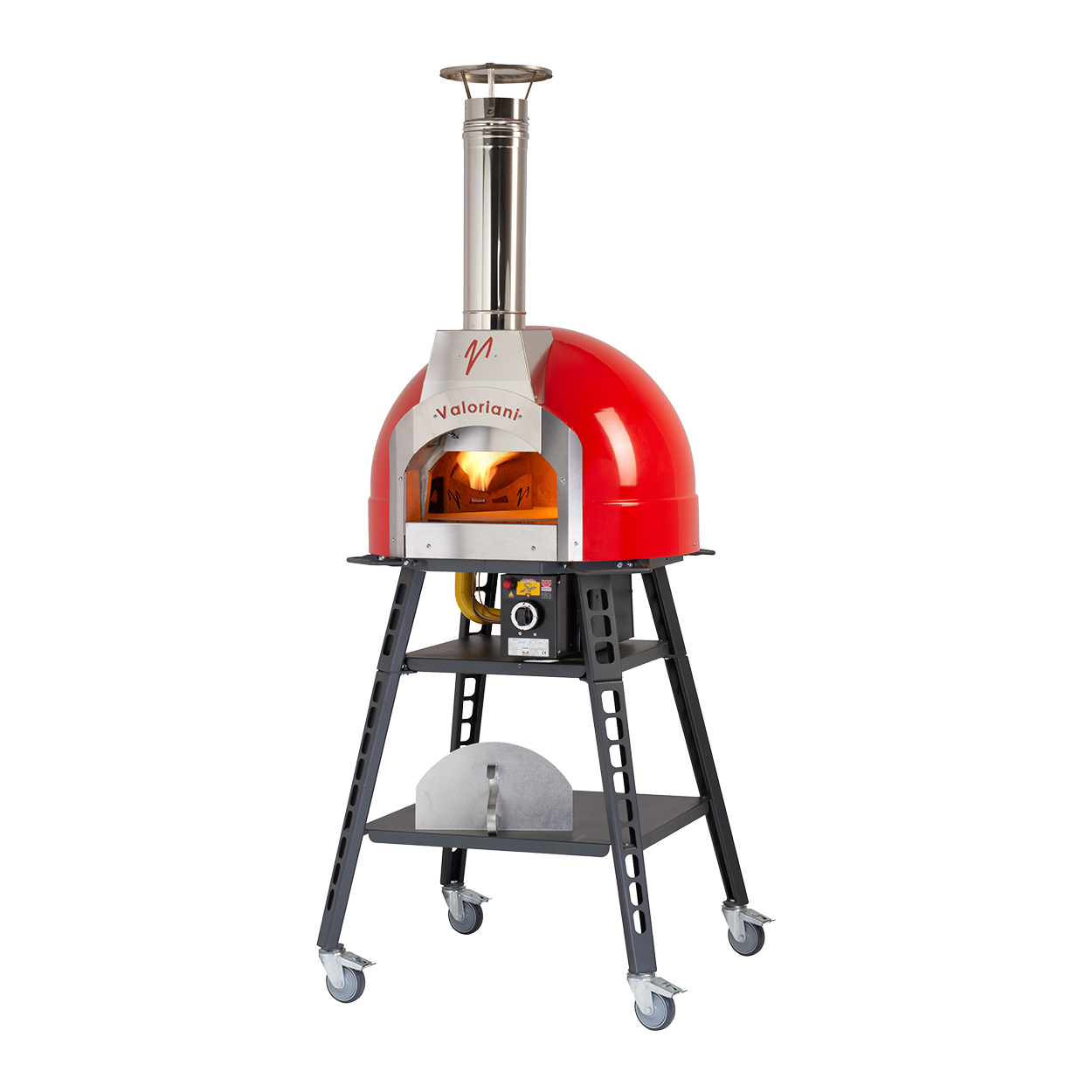 Valoriani Baby 60 Red Metal Dome Wood Fired and Gas Oven with Stand and Casters – 44,358 BTU