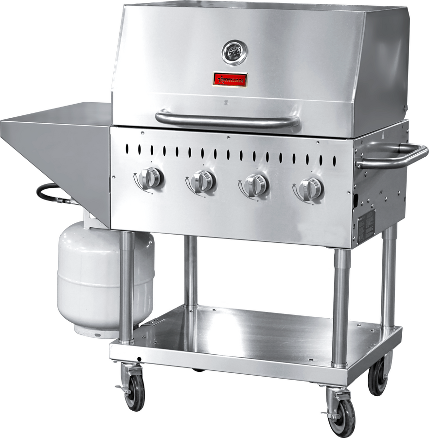 Stainless Steel Propane Outdoor BBQ Grill, 4 Burners, 64000BTU, Top And Side Shelf, 1 Roll Dome