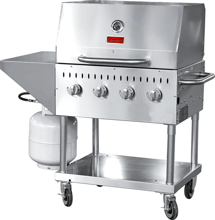 30″ Propane Outdoor BBQ Grill, 4 Burners, 64000 BTU, Top and Side Shelf, 1 Roll Dome