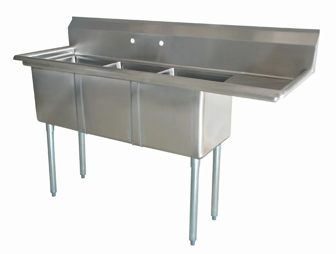 74 1/2″ x 26 1/2″ x 44″ Overall (18″ x 21″ x 14″ Tub) 18-gauge stainless steel Three Tub Sink with 1.8″ Corner Drain and Right Drainboard